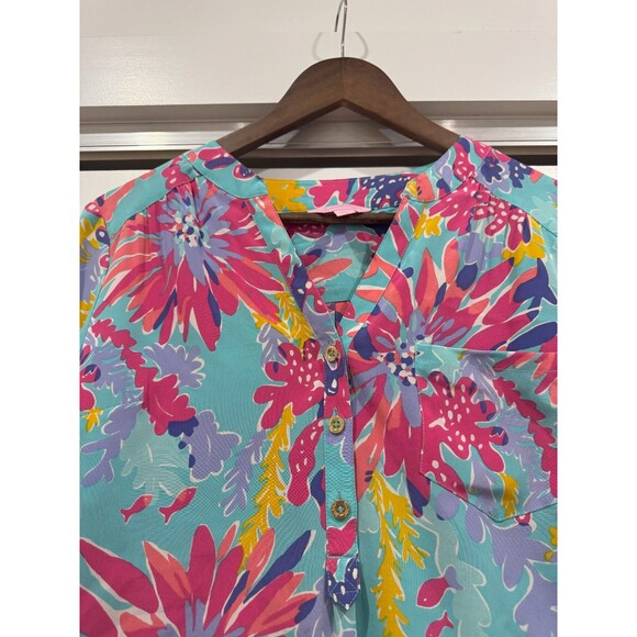 Lilly Pulitzer Womens Pink M Floral Trippin and Sippin Elsa Silk Popover Blouse - Picture 2 of 7